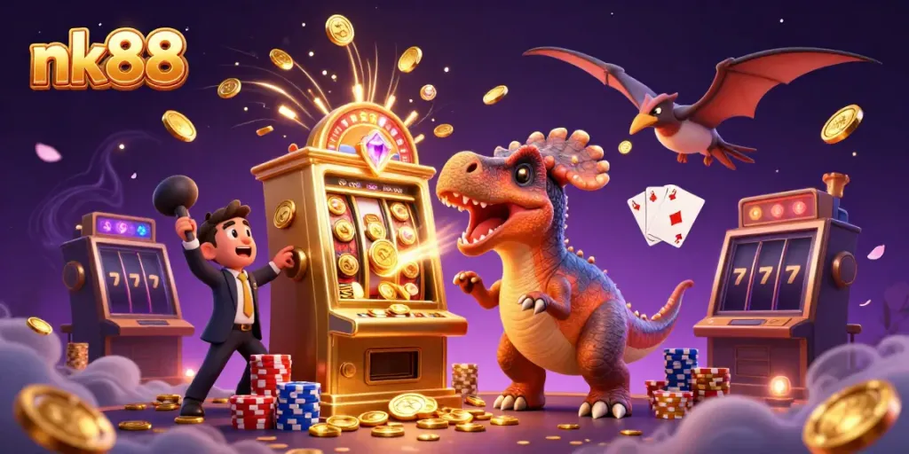 Experience thrilling wins at nk88 with a pachycephalosaurus jackpot, showcasing vibrant casino action.