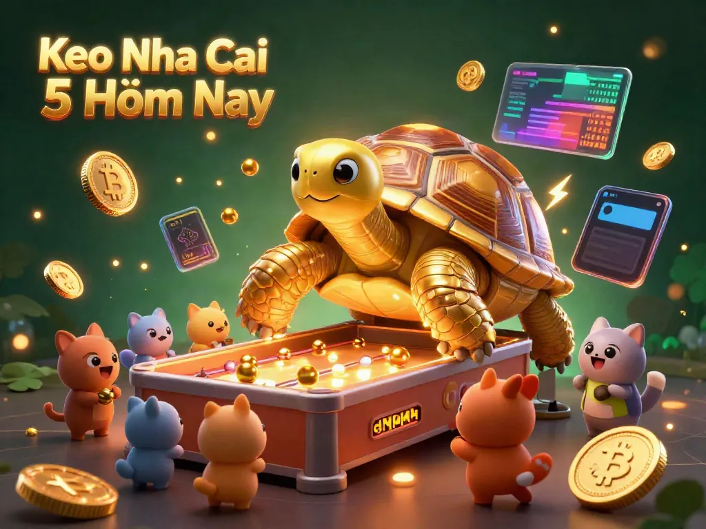 Engage with Keo Nha Cai 5 Hôm Nay's vibrant gaming scene showcasing a golden tortoise pinball machine and digital crypto elements.