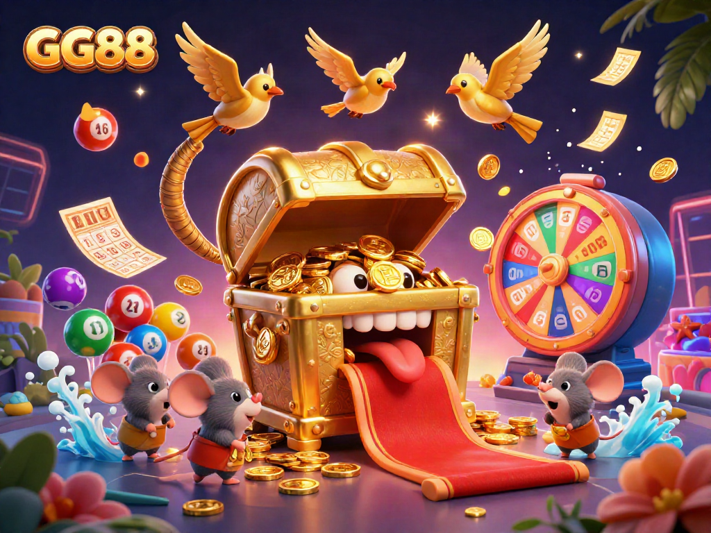 Engage with GG88 as adventurous mice are lured to golden treasures amidst lively lottery balls and vibrant casino elements.