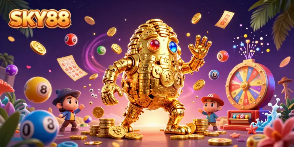 Engage with thrilling gaming at SKY88, featuring a vivid 3D scene of lively casino elements and dynamic characters.