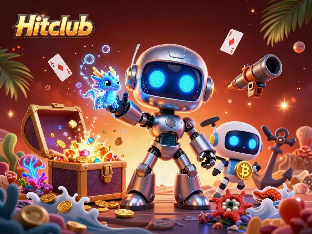 Engage with Hitclub's thrilling casino adventures in this vibrant 3D illustration featuring gaming elements and dynamic characters.
