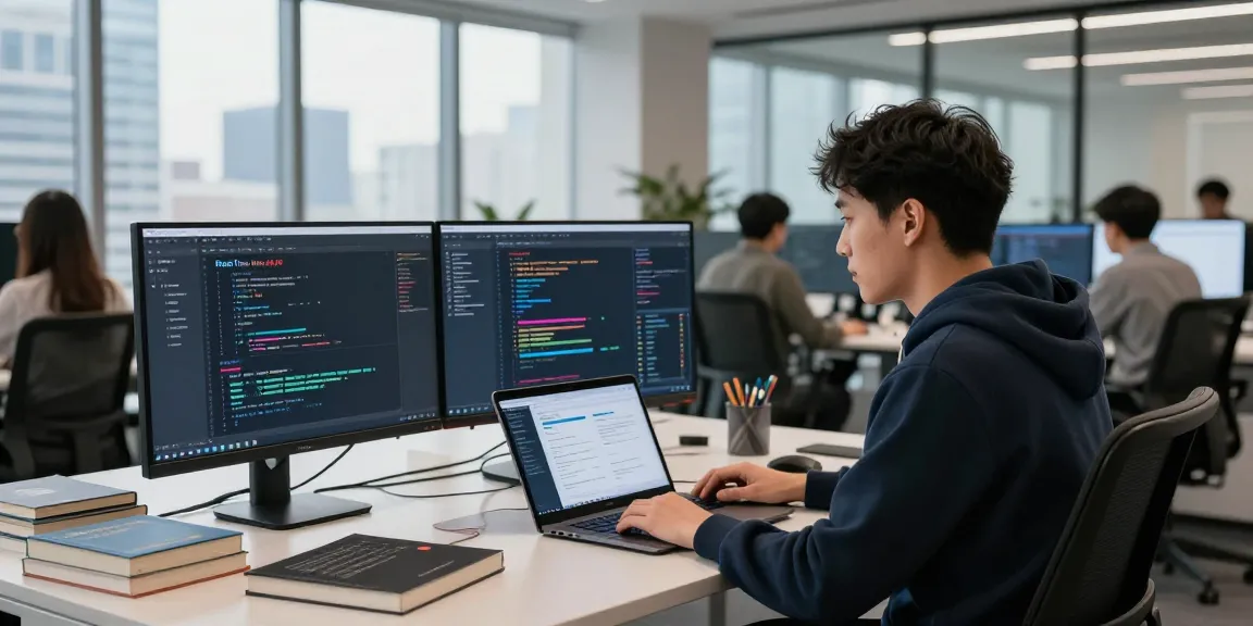 开发者在现代办公室里使用指数实时推送WebSocket API,显示市场数据和代码