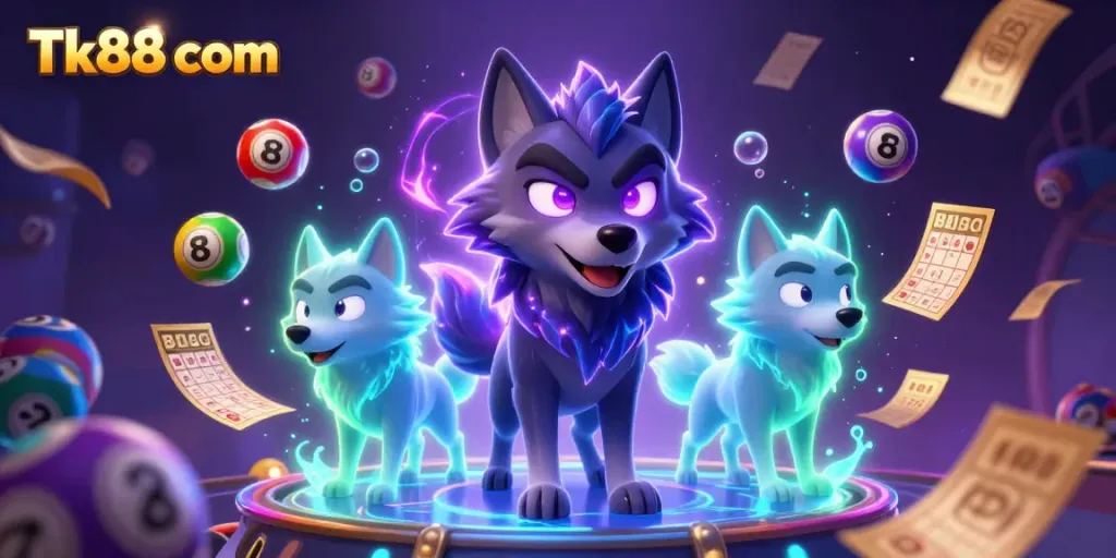 Experience thrilling games at Tk88 com with vibrant lottery balls and ghostly wolves in a dynamic casino illustration.