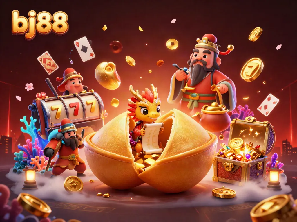 Spin and win with bj88's captivating slot games, featuring a golden fortune cookie, dragon, and dynamic casino elements.